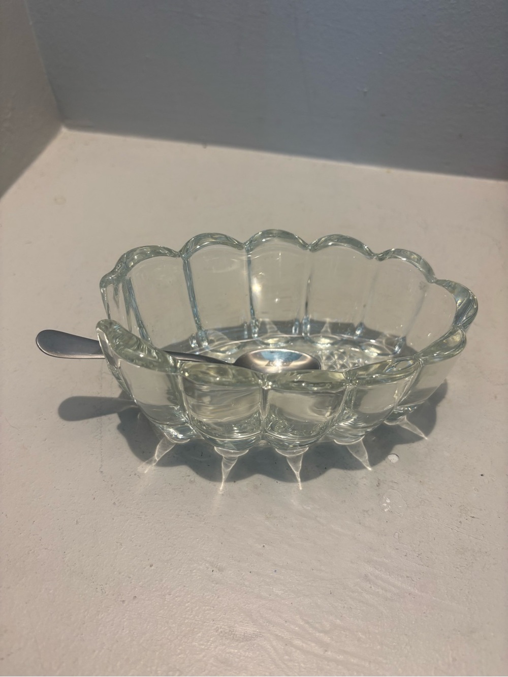 Vintage Clear Glass Scalloped Serving spoon fork sugar bowl rest cooking coffee